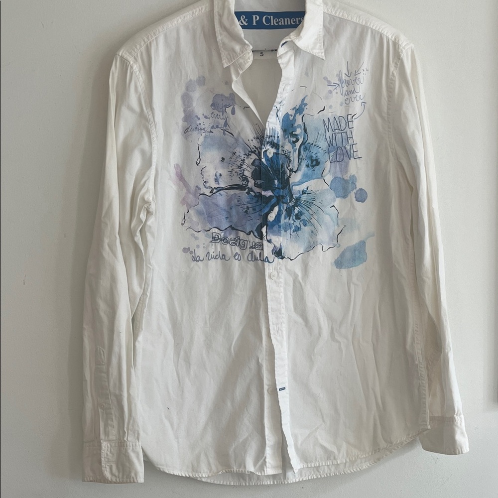Desigual White and Blue Artistic Men's/ unisex Shirt
